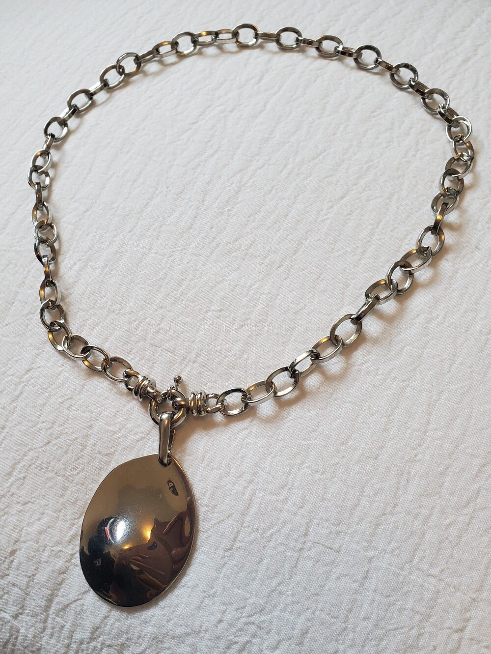 Sculptural Reversible Oval Pendant Silver Tone Chain Necklace